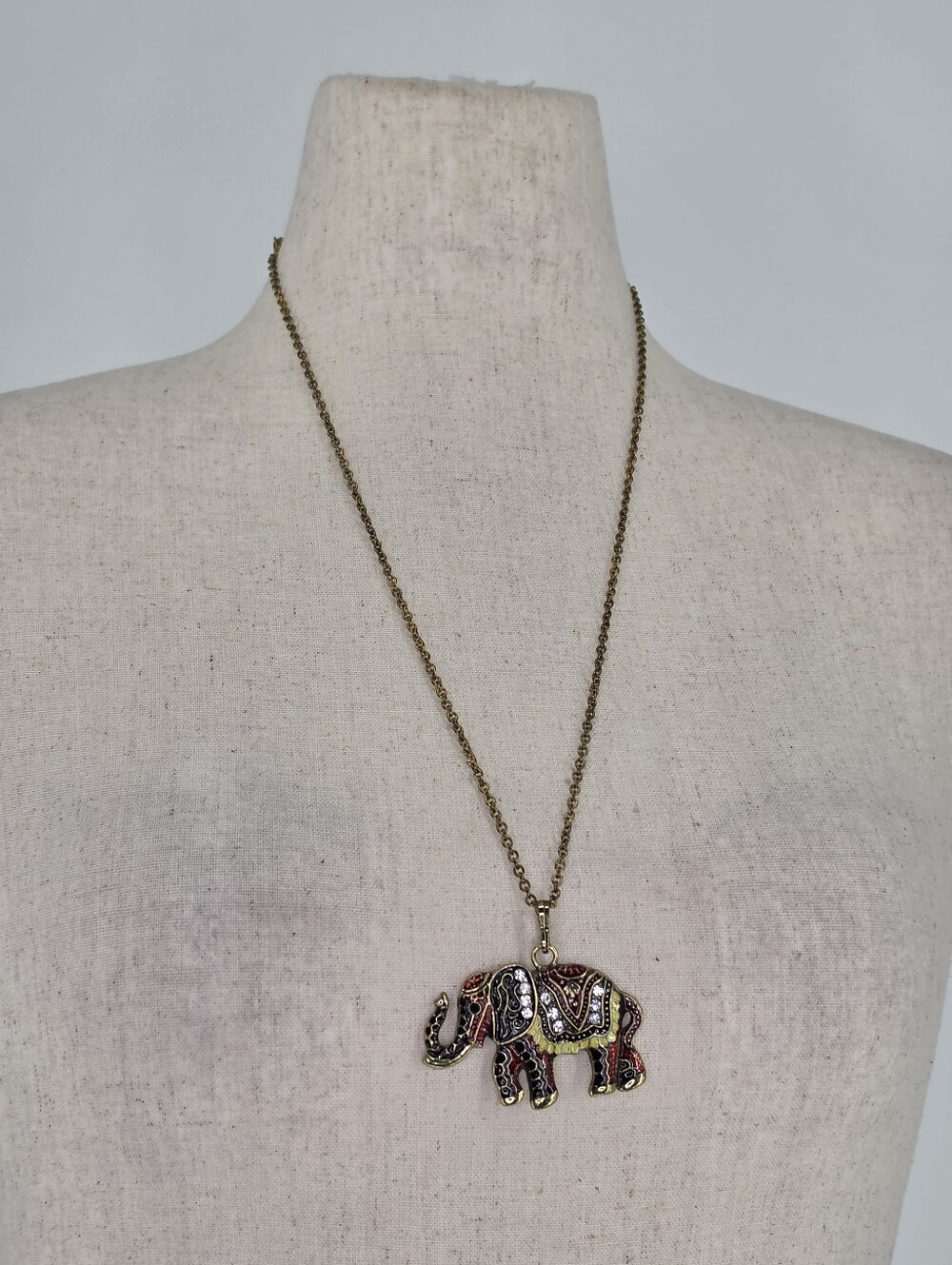 Elephant Pendant Necklace Gold Tone Enamel Rhinestone Statement Long Chain